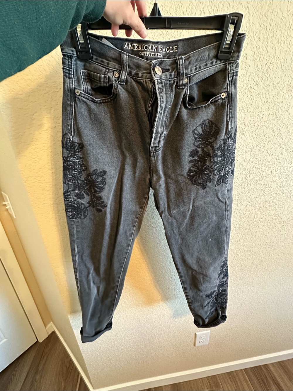 American Eagle Dark Gray Floral Embroidered Jeans
